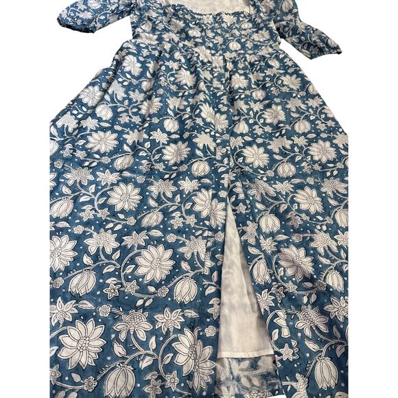 Beau & Ro Blue Folk Floral Button Front Floral Midi Dress Pockets Size Medium‎ - Picture 4 of 10
